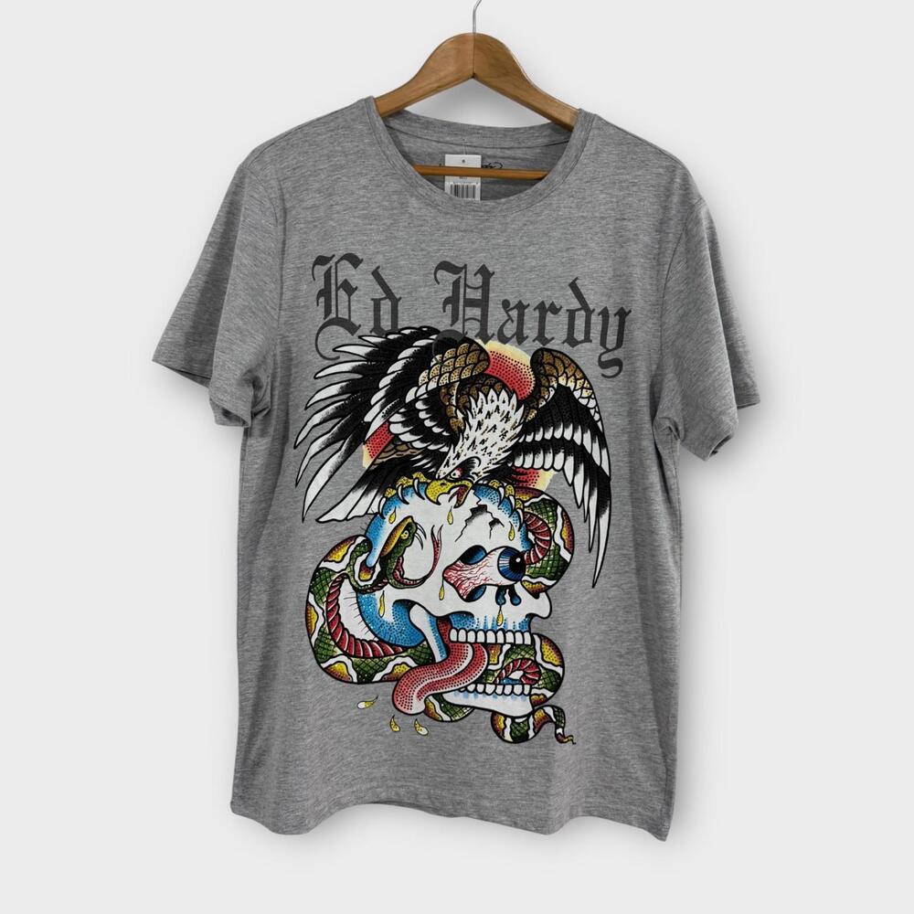 Ed Hardy Battle Skull Rhinestone Graphic Tee Men’s Size Medium Gray T Shirt